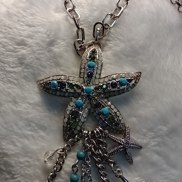 328. STATEMENT NECKLACE SILVER TONE BLUE GEMS OCEAN THEME 19" - Picture 2 of 6